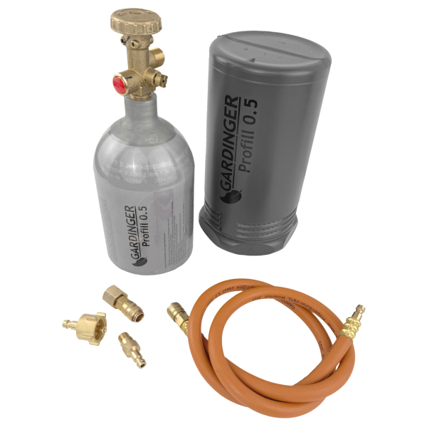 Aktionsset befüllbare Aluminium Propanflasche Profill 0.5 + Umfüllschlauch + Schnellkupplungen Gardinger