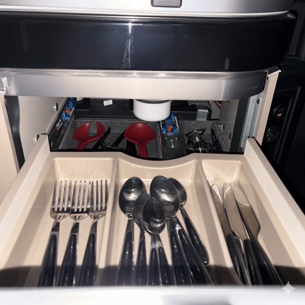 FELT BOXES FOR THE HIDDEN SPACE UNDER THE CUTLERY DRAWER IN THE MARCO POLO